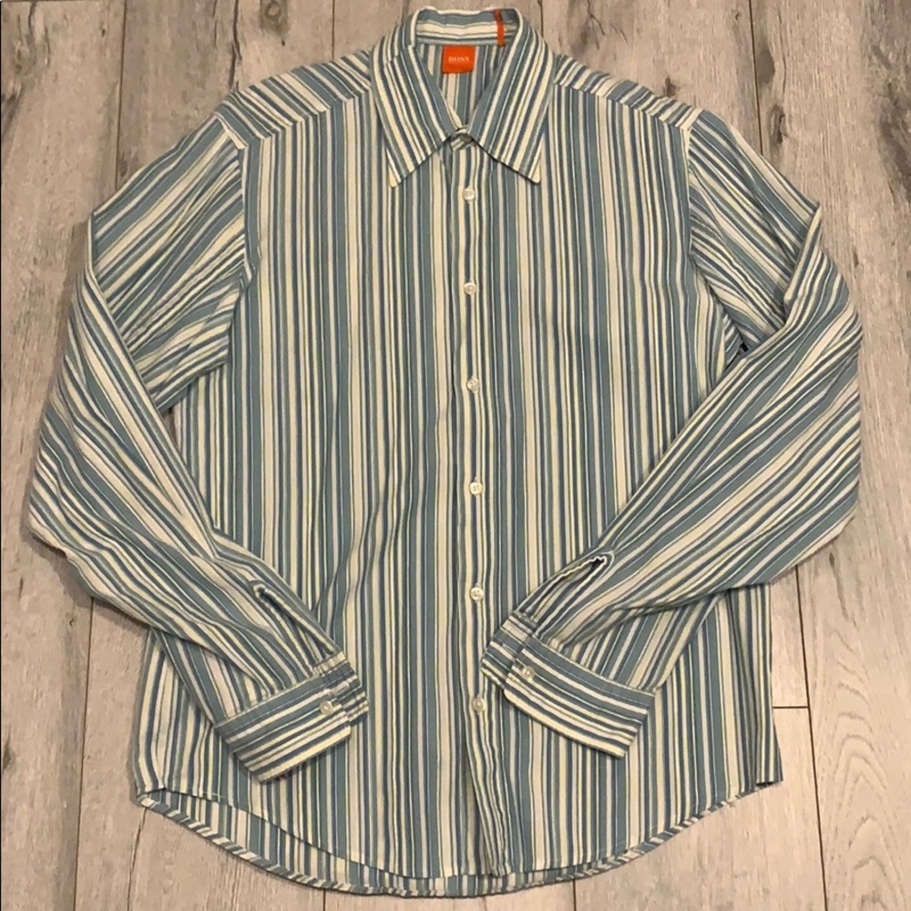 Blue and white striped Hugo Boss dress shirt